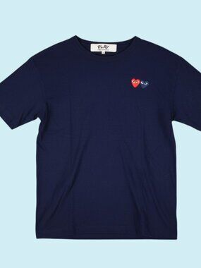 PLAY Comme des Garcons Double Heart Patch T Shirt Size Large Navy Short Sleeve